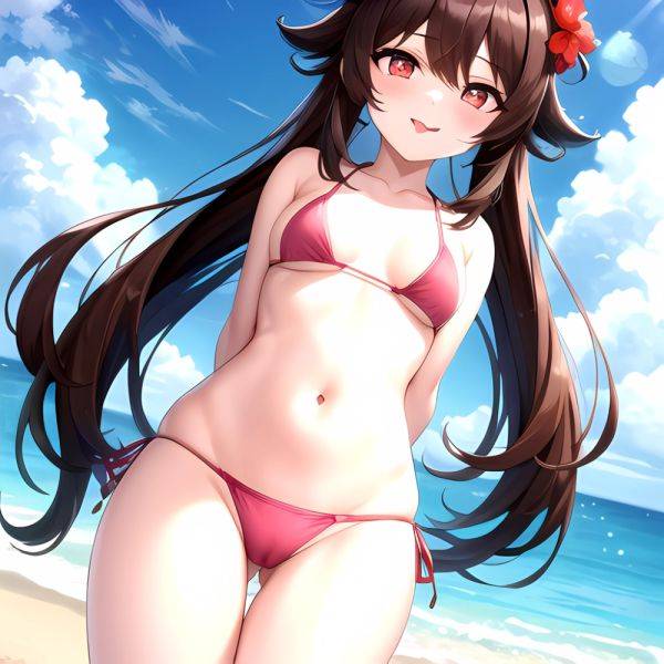 1girl Q Absurdres Arms Behind Back Bikini Blush Breasts Brown Hair Cameltoe Cleft Of Venus Covered Nipples Cowboy Shot Flower, 1001675335 - AIHentai - aihentai.co on pornsimulated.com