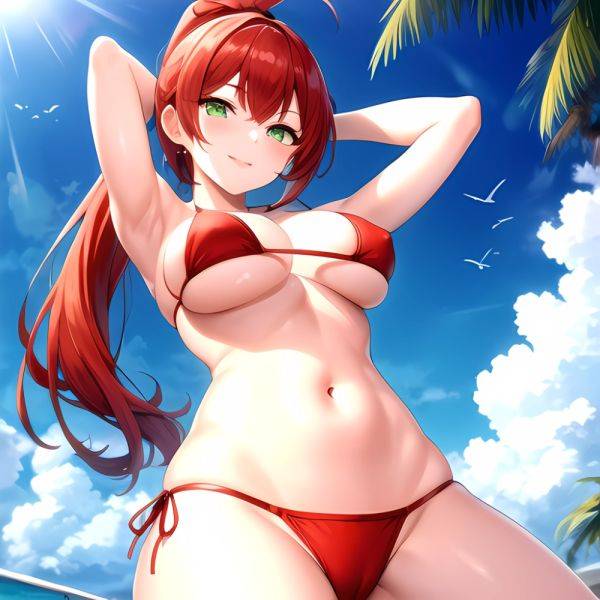 1girl Armpits Arms Behind Head Arms Up Bikini Breasts Closed Mouth Collarbone Covered Nipples Day Green Eyes Highres Jung Freud, 3223171964 - AIHentai - aihentai.co on pornsimulated.com