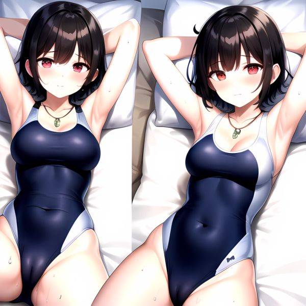 Tutinako Morino Rinze 1girl Black Hair Blush Closed Mouth Competition Swimsuit Covered Navel Heart Jewelry Looking At Self Lying, 1226852418 - AIHentai - aihentai.co on pornsimulated.com