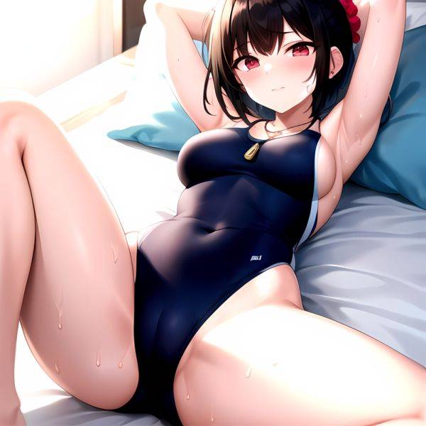 Tutinako Morino Rinze 1girl Black Hair Blush Closed Mouth Competition Swimsuit Covered Navel Heart Jewelry Looking At Self Lying, 640381246 - AIHentai - aihentai.co on pornsimulated.com