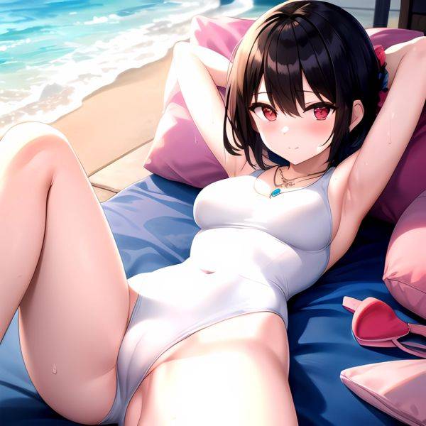 Tutinako Morino Rinze 1girl Black Hair Blush Closed Mouth Competition Swimsuit Covered Navel Heart Jewelry Looking At Self Lying, 1074406290 - AIHentai - aihentai.co on pornsimulated.com