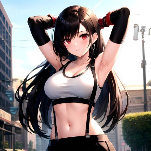 1girl Armpits Arms Behind Head Arms Up Bare Shoulders Black Gloves Black Hair Black Skirt Breasts Closed Mouth Crop Top, 3787726950 - AIHentai - aihentai.co on pornsimulated.com