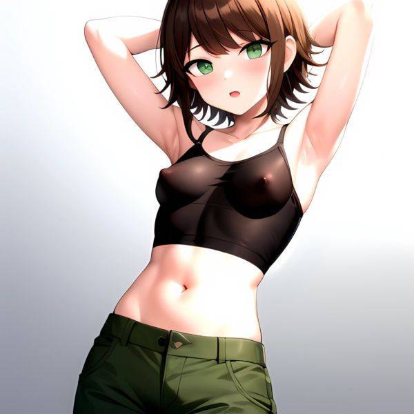 1boy Armpits Arms Behind Head Blush Breasts Brown Hair Bulge Collarbone Contrapposto Covered Nipples Crop Top Danganronpa Trigge, 735410969 - AIHentai - aihentai.co on pornsimulated.com