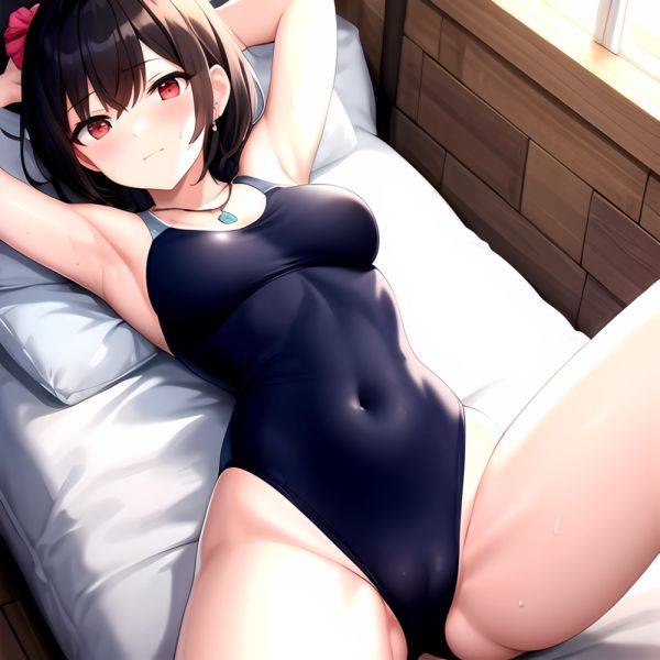 Tutinako Morino Rinze 1girl Black Hair Blush Closed Mouth Competition Swimsuit Covered Navel Heart Jewelry Looking At Self Lying, 3009372811 - AIHentai - aihentai.co on pornsimulated.com