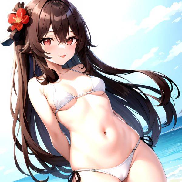 1girl Q Absurdres Arms Behind Back Bikini Blush Breasts Brown Hair Cameltoe Cleft Of Venus Covered Nipples Cowboy Shot Flower, 1400313808 - AIHentai - aihentai.co on pornsimulated.com