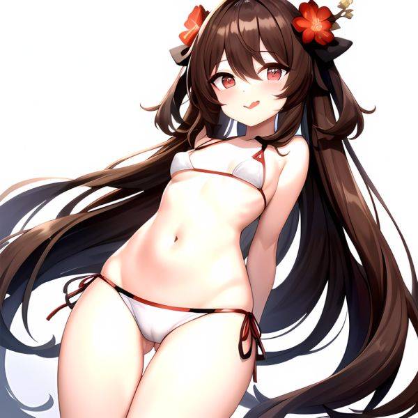 1girl Q Absurdres Arms Behind Back Bikini Blush Breasts Brown Hair Cameltoe Cleft Of Venus Covered Nipples Cowboy Shot Flower, 3099859135 - AIHentai - aihentai.co on pornsimulated.com
