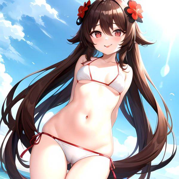1girl Q Absurdres Arms Behind Back Bikini Blush Breasts Brown Hair Cameltoe Cleft Of Venus Covered Nipples Cowboy Shot Flower, 2944263295 - AIHentai - aihentai.co on pornsimulated.com