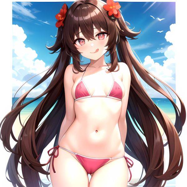 1girl Q Absurdres Arms Behind Back Bikini Blush Breasts Brown Hair Cameltoe Cleft Of Venus Covered Nipples Cowboy Shot Flower, 3077724501 - AIHentai - aihentai.co on pornsimulated.com