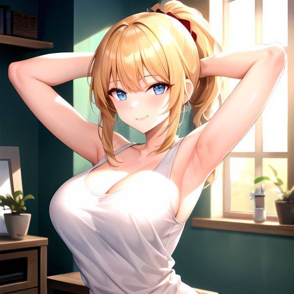 Beatrix Amerhauser 1girl Armpits Arms Behind Head Bare Shoulders Blonde Hair Breasts Cleavage Large Breasts Long Hair Looking At, 3323137011 - AIHentai - aihentai.co on pornsimulated.com