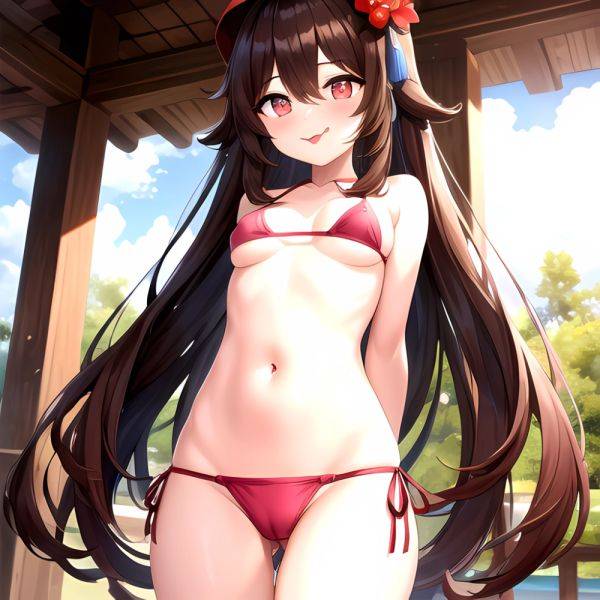 1girl Q Absurdres Arms Behind Back Bikini Blush Breasts Brown Hair Cameltoe Cleft Of Venus Covered Nipples Cowboy Shot Flower, 2296336461 - AIHentai - aihentai.co on pornsimulated.com