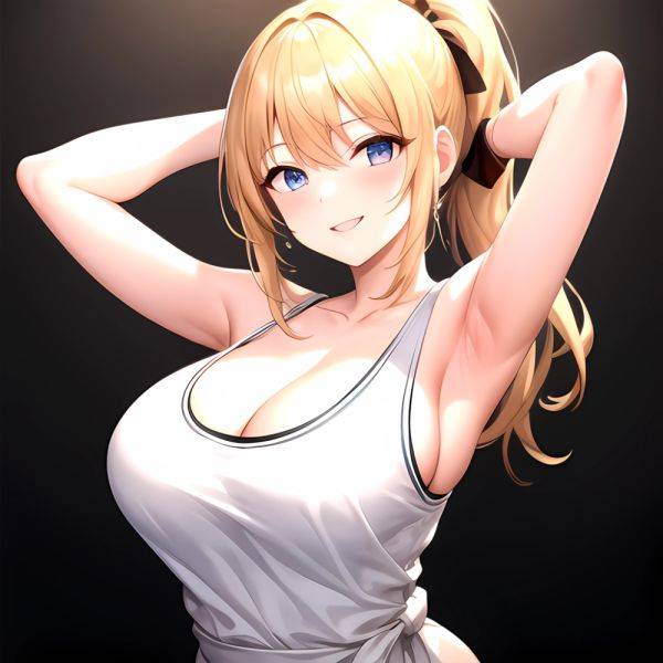 Beatrix Amerhauser 1girl Armpits Arms Behind Head Bare Shoulders Blonde Hair Breasts Cleavage Large Breasts Long Hair Looking At, 1384742492 - AIHentai - aihentai.co on pornsimulated.com