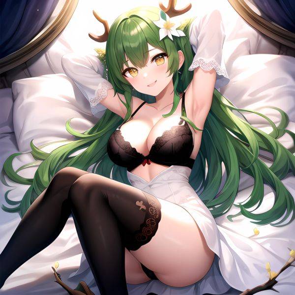 1girl Alternate Costume Antlers Armpits Arms Behind Head Bed Sheet Black Bra Black Thighhighs Bra Branch Breasts Ceres Fauna Cle, 2117806608 - AIHentai - aihentai.co on pornsimulated.com