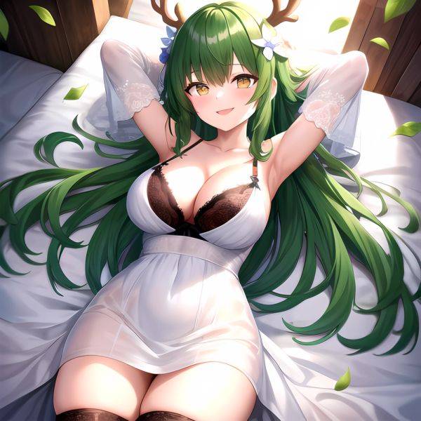 1girl Alternate Costume Antlers Armpits Arms Behind Head Bed Sheet Black Bra Black Thighhighs Bra Branch Breasts Ceres Fauna Cle, 1339368765 - AIHentai - aihentai.co on pornsimulated.com