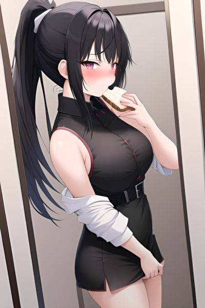 Anime Busty Small Tits 18 Age Sad Face Black Hair Ponytail Hair Style Light Skin Mirror Selfie Changing Room Front View Eating Goth - AI Hentai - aihentai.co on pornsimulated.com