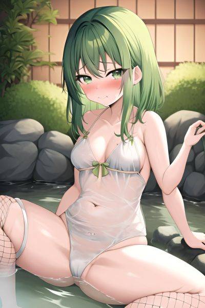 Anime Busty Small Tits 30s Age Sad Face Green Hair Bangs Hair Style Light Skin Illustration Onsen Side View Spreading Legs Fishnet - AI Hentai - aihentai.co on pornsimulated.com