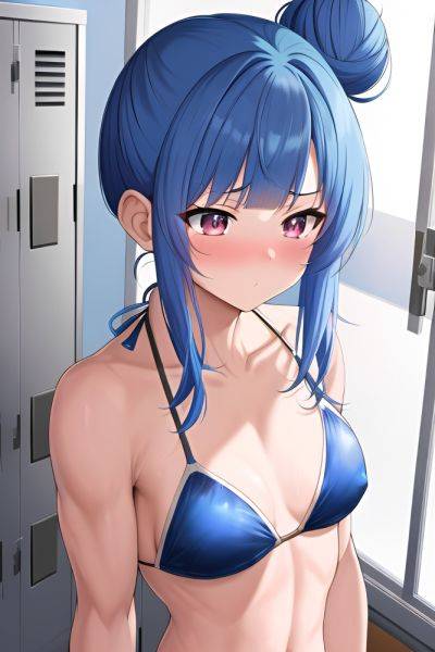 Anime Muscular Small Tits 20s Age Shocked Face Blue Hair Hair Bun Hair Style Light Skin Cyberpunk Locker Room Close Up View Sleeping Bikini - AI Hentai - aihentai.co on pornsimulated.com