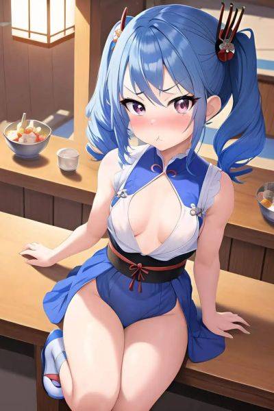 Anime Muscular Small Tits 18 Age Pouting Lips Face Blue Hair Pigtails Hair Style Light Skin Painting Bar Close Up View Jumping Geisha 3662471516471841663 - AI Hentai - aihentai.co on pornsimulated.com