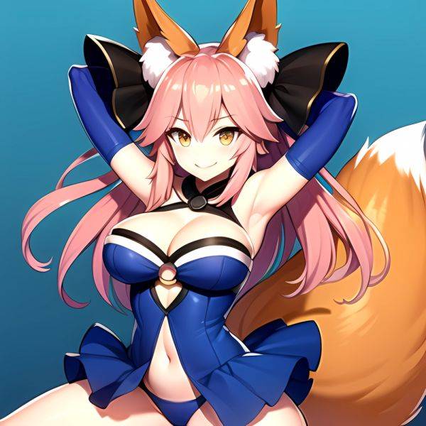 Tamamo Fate Tamamo No Mae Fate Extra 1girl Animal Ear Fluff Animal Ears Arms Up Bare Shoulders Blue Dress Blue, 4007008181 - AI Hentai - aihentai.co on pornsimulated.com