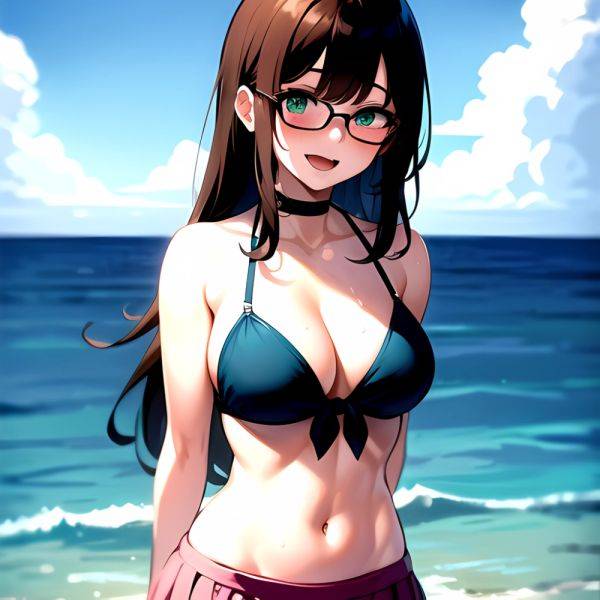 1girl D Bikini Bikini Bottom Aside Bikini Skirt Black Choker Blush Breasts Brown Hair Choker Cleavage Clothing Aside Front Tie, 3139735767 - AI Hentai - aihentai.co on pornsimulated.com