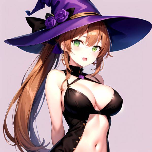 Chinatsu Suzutsuki Kurara 1girl Breasts Brown Hair Green Eyes Halloween Halloween Costume Hat Large Breasts Long Hair Open Mouth, 27431904 - AI Hentai - aihentai.co on pornsimulated.com