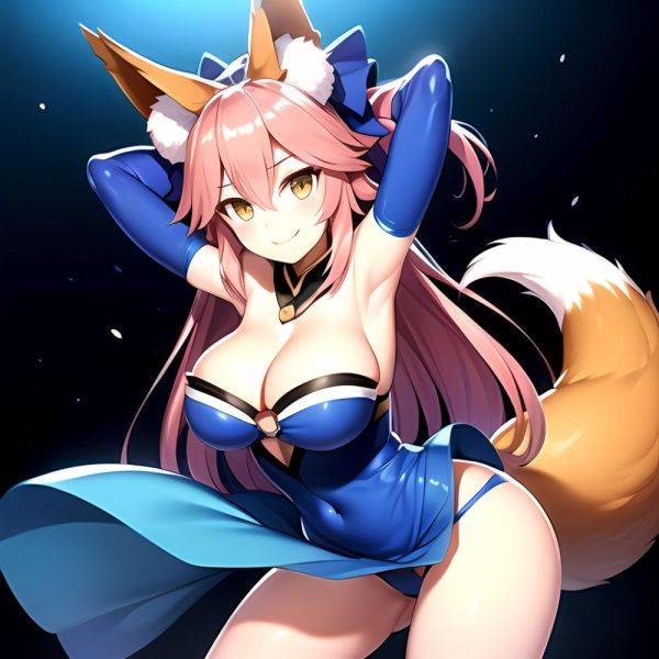 Tamamo Fate Tamamo No Mae Fate Extra 1girl Animal Ear Fluff Animal Ears Arms Up Bare Shoulders Blue Dress Blue, 1879804135 - AI Hentai - aihentai.co on pornsimulated.com