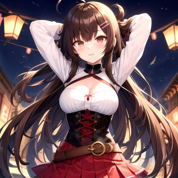 Nanashi Mumei Nanashi Mumei 1st Costume 1girl Ahoge Arms Behind Head Arms Up Belt Brown Corset Brown Eyes Brown Hair, 2554441406 - AI Hentai - aihentai.co on pornsimulated.com