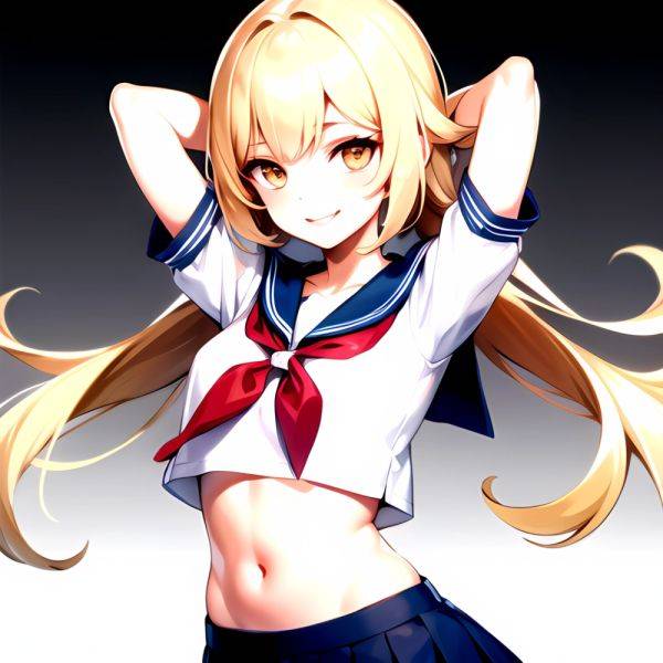 1girl Arms Up Arms Behind Head Blonde Hair Blue Skirt Bow Crop Top Crop Top Overhang Genshin Impact Gradient Background, 4012173284 - AI Hentai - aihentai.co on pornsimulated.com