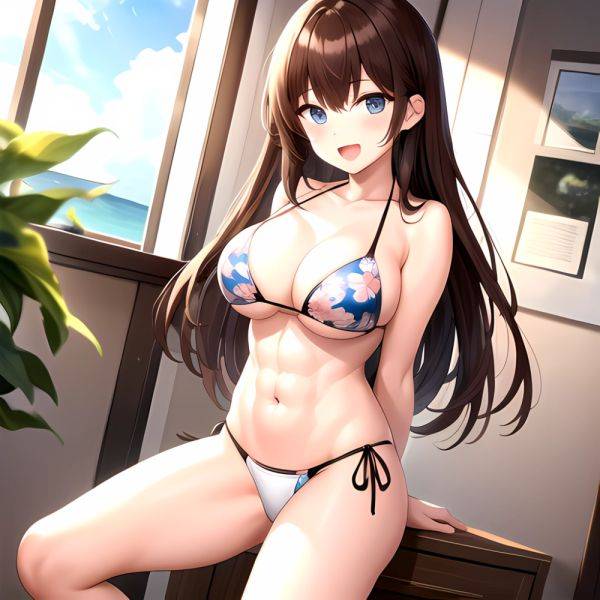 1girl D Abs Alternate Costume Arms Behind Back Asymmetrical Hair Bikini Blue Eyes Blush Breasts Brown Hair Cleavage Collarbone F, 3803749172 - AI Hentai - aihentai.co on pornsimulated.com