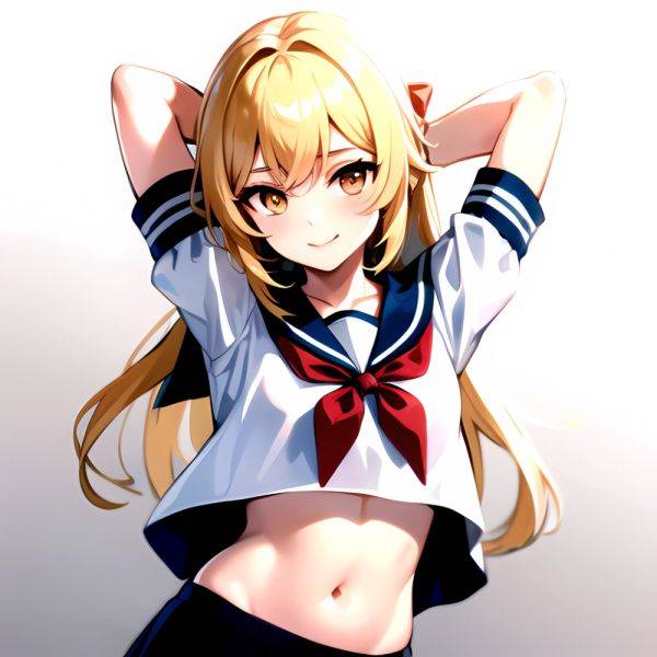 1girl Arms Up Arms Behind Head Blonde Hair Blue Skirt Bow Crop Top Crop Top Overhang Genshin Impact Gradient Background, 3123363315 - AI Hentai - aihentai.co on pornsimulated.com