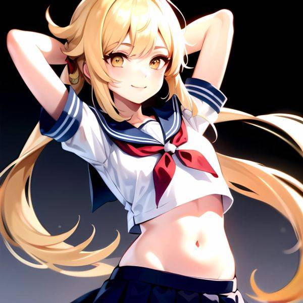 1girl Arms Up Arms Behind Head Blonde Hair Blue Skirt Bow Crop Top Crop Top Overhang Genshin Impact Gradient Background, 3234597297 - AI Hentai - aihentai.co on pornsimulated.com