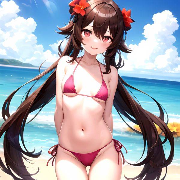 1girl Q Absurdres Arms Behind Back Bikini Blush Breasts Brown Hair Cameltoe Cleft Of Venus Covered Nipples Cowboy Shot Flower, 1490992470 - AI Hentai - aihentai.co on pornsimulated.com