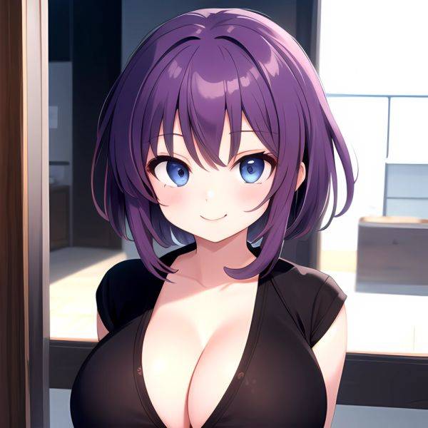 Yumi Senran Kagura 1girl Blue Eyes Breasts Cleavage Large Breasts Looking At Viewer Medium Breasts Paizuri Purple Hair Smile Upp, 1713641971 - AI Hentai - aihentai.co on pornsimulated.com