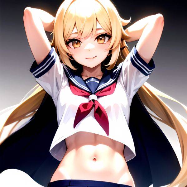 1girl Arms Up Arms Behind Head Blonde Hair Blue Skirt Bow Crop Top Crop Top Overhang Genshin Impact Gradient Background, 345568930 - AI Hentai - aihentai.co on pornsimulated.com