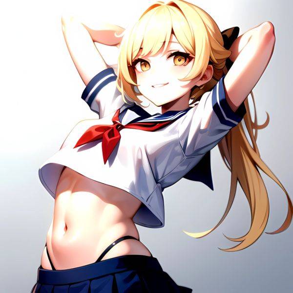 1girl Arms Up Arms Behind Head Blonde Hair Blue Skirt Bow Crop Top Crop Top Overhang Genshin Impact Gradient Background, 2926828277 - AI Hentai - aihentai.co on pornsimulated.com