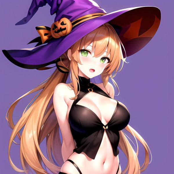 Chinatsu Suzutsuki Kurara 1girl Breasts Brown Hair Green Eyes Halloween Halloween Costume Hat Large Breasts Long Hair Open Mouth, 780284025 - AI Hentai - aihentai.co on pornsimulated.com