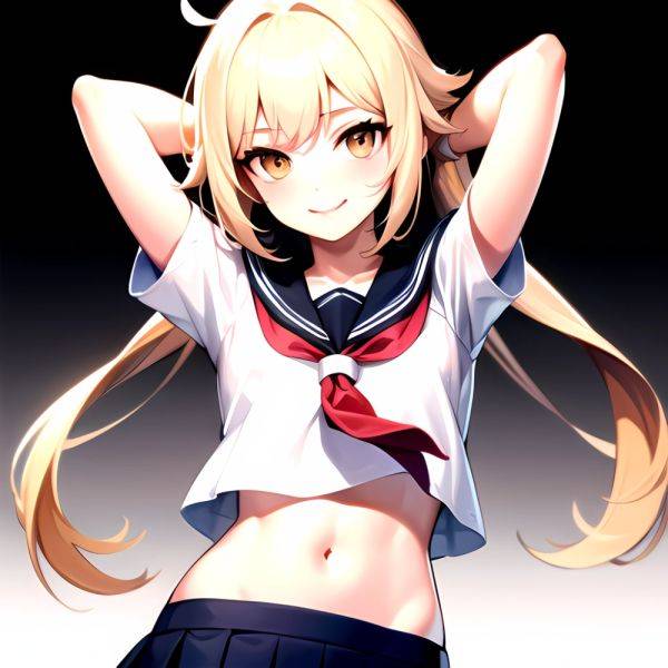 1girl Arms Up Arms Behind Head Blonde Hair Blue Skirt Bow Crop Top Crop Top Overhang Genshin Impact Gradient Background, 3041314391 - AI Hentai - aihentai.co on pornsimulated.com