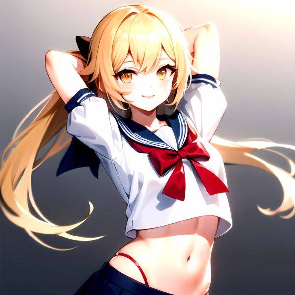 1girl Arms Up Arms Behind Head Blonde Hair Blue Skirt Bow Crop Top Crop Top Overhang Genshin Impact Gradient Background, 2131306126 - AI Hentai - aihentai.co on pornsimulated.com