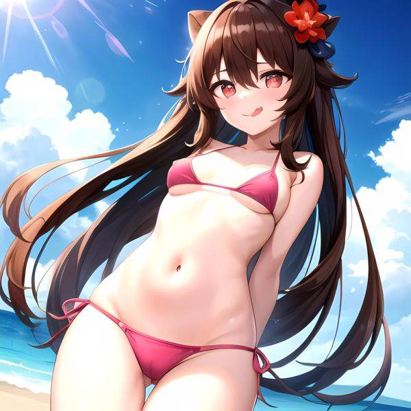 1girl Q Absurdres Arms Behind Back Bikini Blush Breasts Brown Hair Cameltoe Cleft Of Venus Covered Nipples Cowboy Shot Flower, 920326104 - AI Hentai - aihentai.co on pornsimulated.com