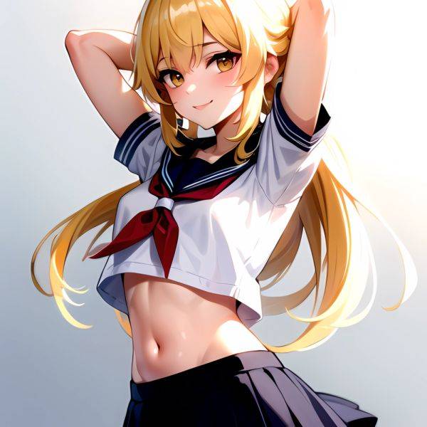 1girl Arms Up Arms Behind Head Blonde Hair Blue Skirt Bow Crop Top Crop Top Overhang Genshin Impact Gradient Background, 1018377141 - AI Hentai - aihentai.co on pornsimulated.com