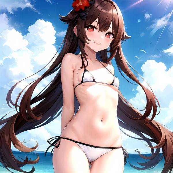 1girl Q Absurdres Arms Behind Back Bikini Blush Breasts Brown Hair Cameltoe Cleft Of Venus Covered Nipples Cowboy Shot Flower, 33655067 - AI Hentai - aihentai.co on pornsimulated.com