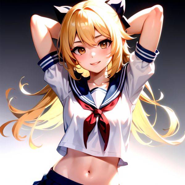 1girl Arms Up Arms Behind Head Blonde Hair Blue Skirt Bow Crop Top Crop Top Overhang Genshin Impact Gradient Background, 2054834750 - AI Hentai - aihentai.co on pornsimulated.com