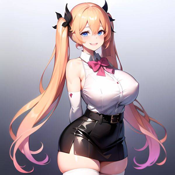 1girl Aymusk Belt Black Skirt Blonde Hair Blue Eyes Blush Bow Bowtie Breasts Curvy Elbow Gloves Fang Gloves Gradient Background, 1935030823 - AI Hentai - aihentai.co on pornsimulated.com