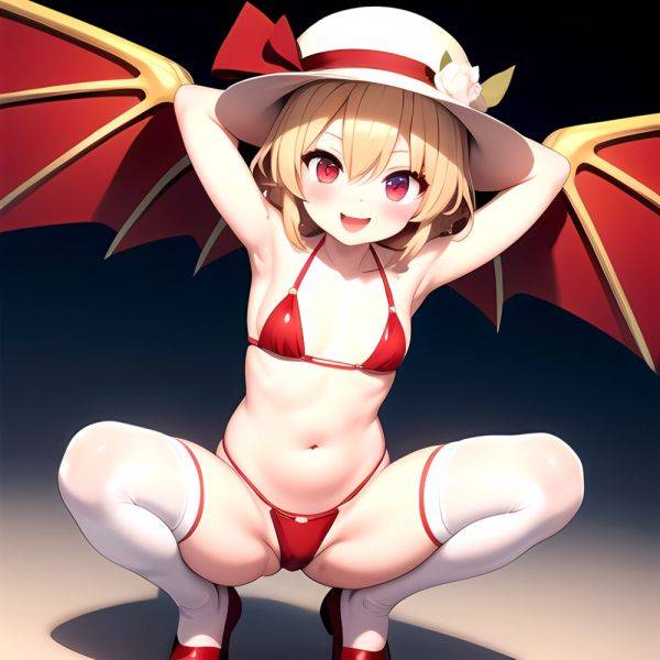 Armpits Bikini Breasts Red Eyes Red Thighhighs Small Breasts Thick Thighs White Bikini Flandre Scarlet 1girl P Blonde Hair Blush, 1443139205 - AIHentai - aihentai.co on pornsimulated.com