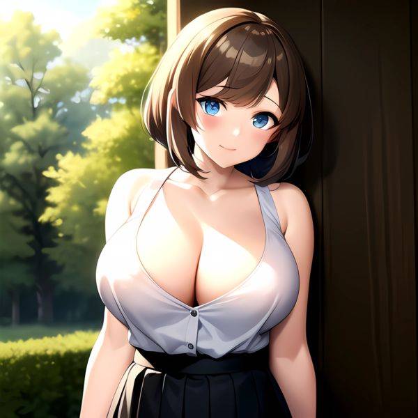 Blue Eyes Breasts Brown Hair Cleavage Large Breasts Short Hair Skirt Maya Kancolle 1girl Alternate Costume Arms Behind Back Blac, 2135269696 - AIHentai - aihentai.co on pornsimulated.com