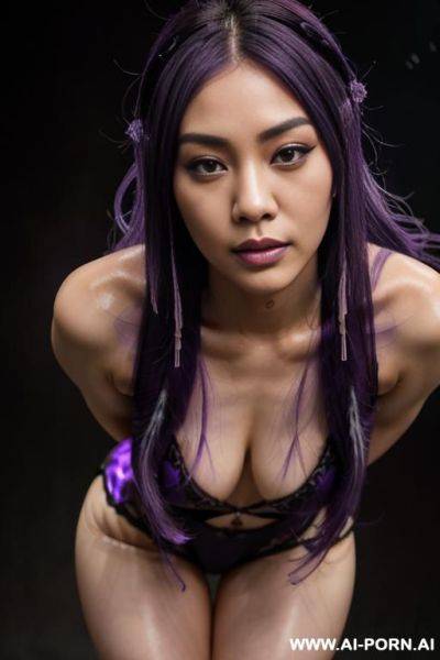 Elaborate flowing purple hair with black highlights, bend down, satisfied expression, - ai-porn.ai on pornsimulated.com