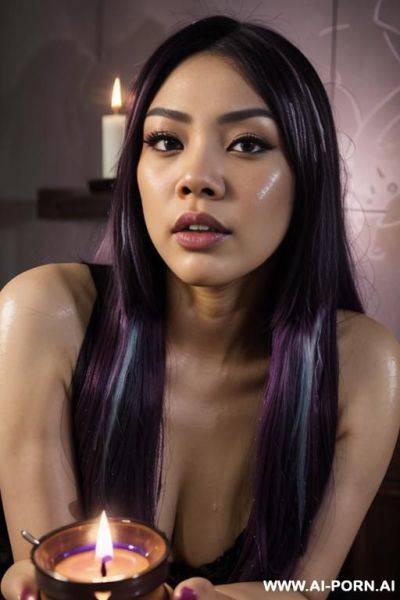 Elaborate flowing purple hair with black highlights, bend down, - ai-porn.ai on pornsimulated.com