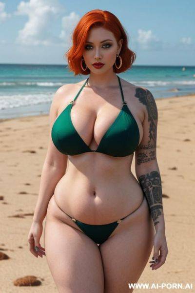 Tall busty goth ginger milf, gorgeous face, thick lips, bobcut ginger hair, green eyes, busty hourglass body, massive boobs, waist, abs, pawg, thick legs, wide hips, beach, full body picture, - ai-porn.ai on pornsimulated.com