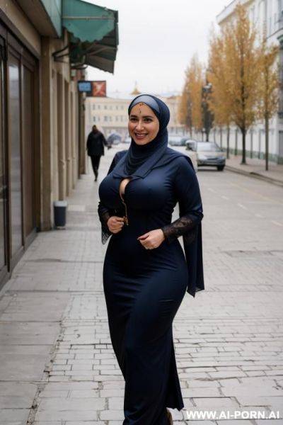 Happy busty russian military milf wearing hijab and exhibition nude in street - ai-porn.ai - Russia on pornsimulated.com