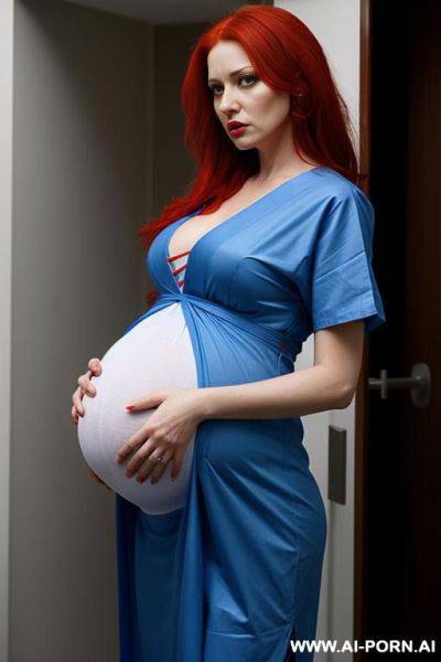 Furious, pregnant, red hair, blue hospital gown, bnwo - ai-porn.ai on pornsimulated.com