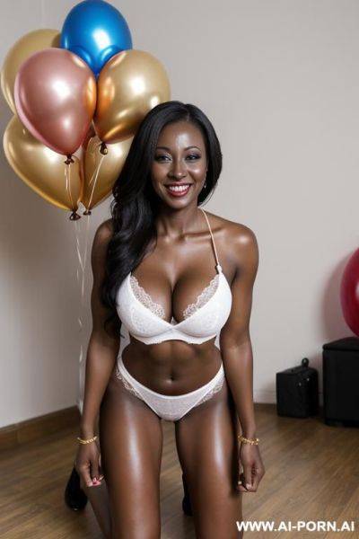 Suburban mom, kneeling on floor, birthday party, balloons, cake, dark skin - ai-porn.ai on pornsimulated.com